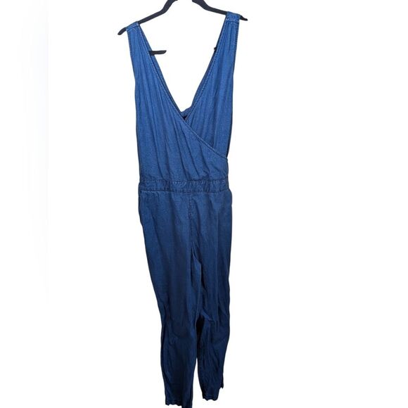Madewell Jumpsuit Blue Straight Leg 100% Linen Pockets Cut-Out Elastic Back 4 - Picture 2 of 16